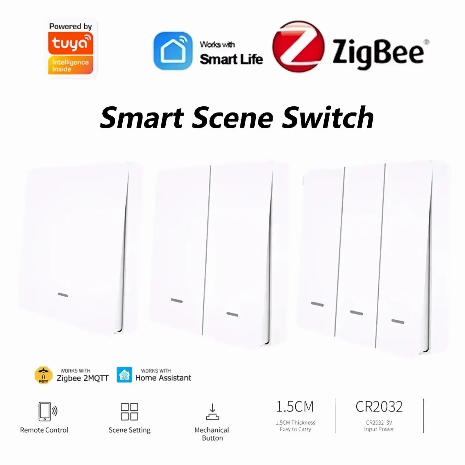 White zigbee smart scene switch with sleek minimalist design and slim profile for wireless remote control use