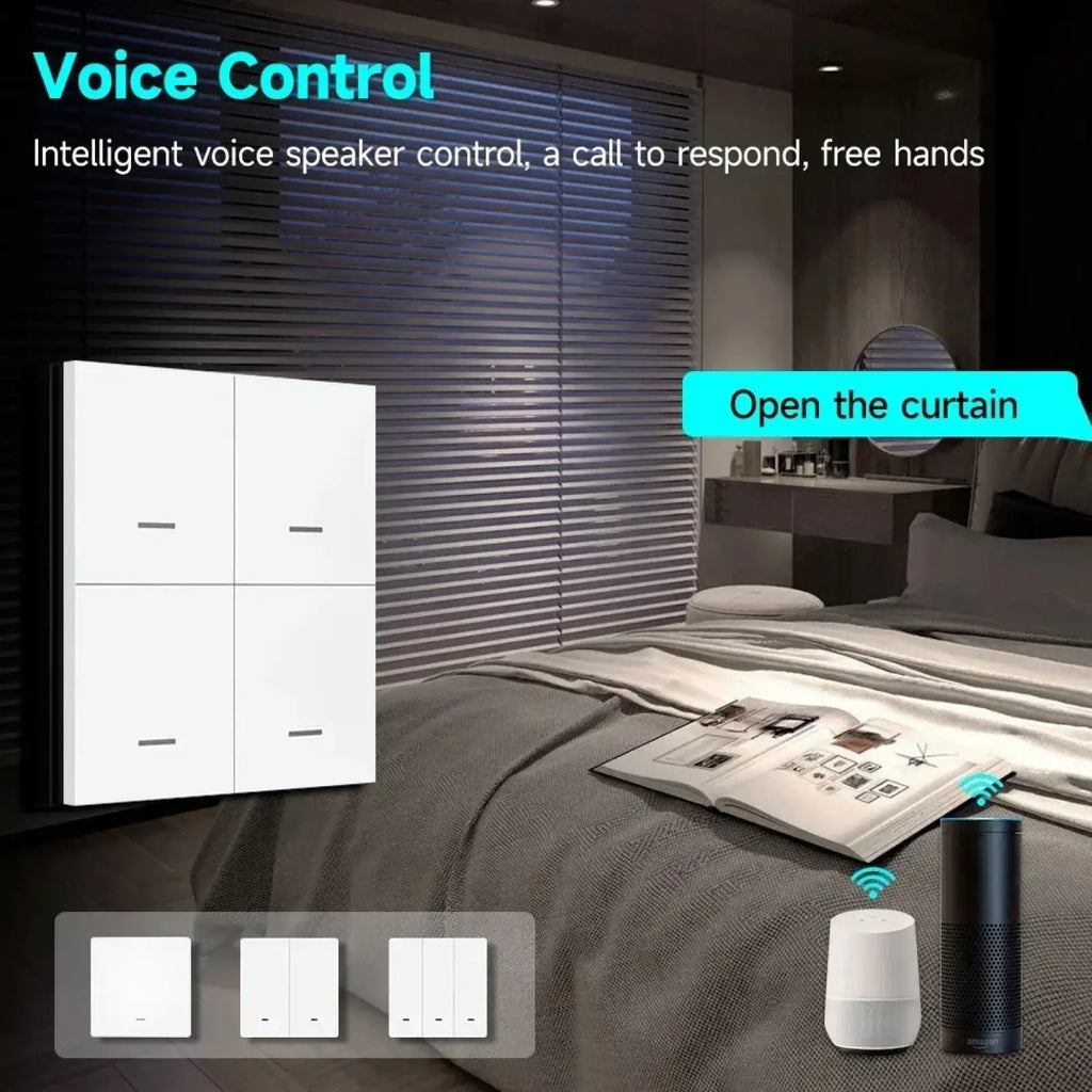 White smart voice-controlled Zigbee wall switch panel with minimalist design for wireless remote control scenes