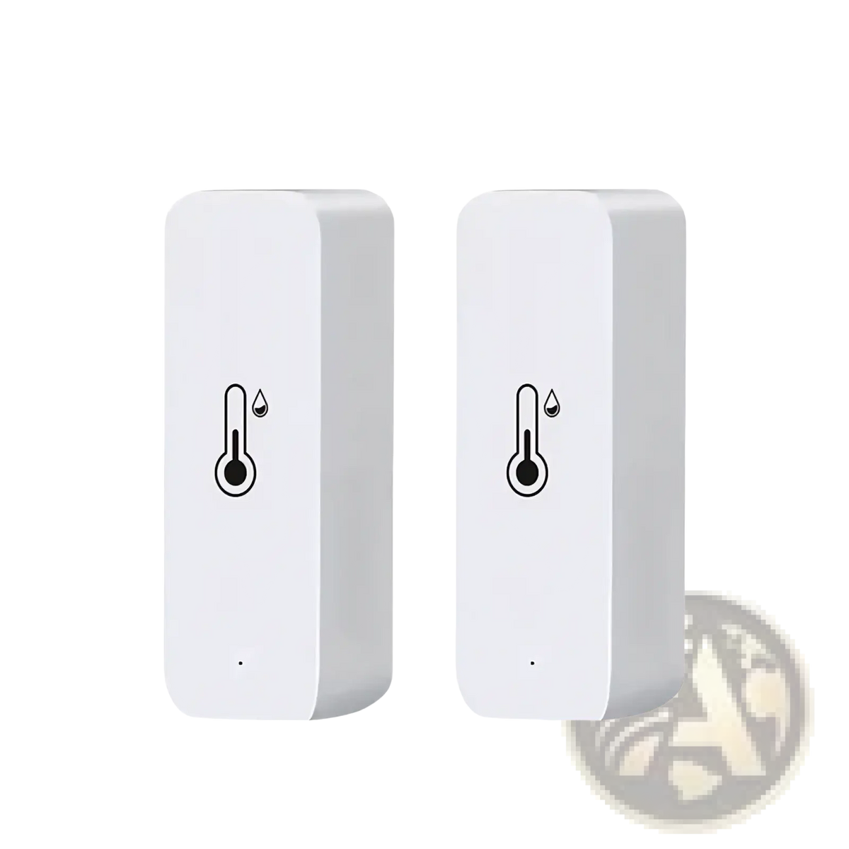 Two white zigbee smart temperature humidity sensors with minimalist design and black thermometer icon