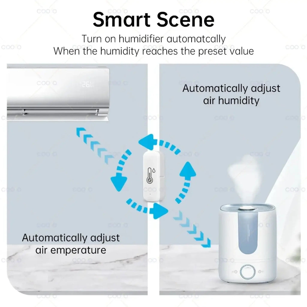 White and light blue Zigbee smart temperature humidity sensor humidifier with automatic humidity and temperature adjustment features