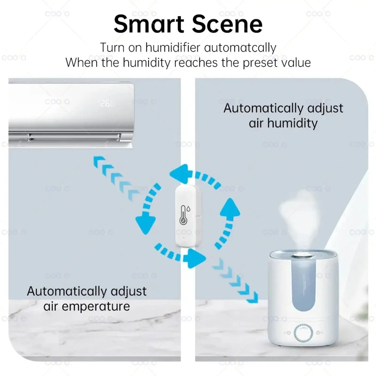 White and light blue Zigbee smart temperature humidity sensor humidifier with automatic humidity and temperature adjustment features