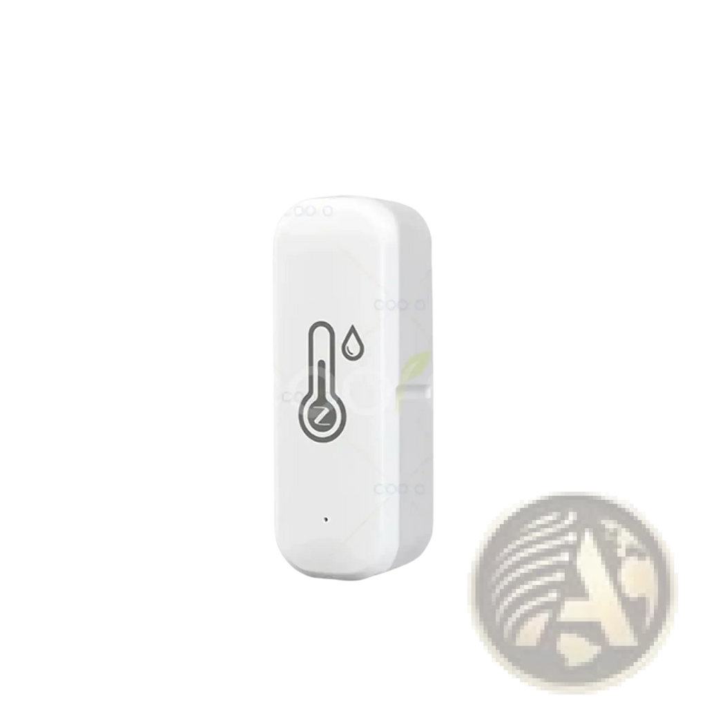 White rectangular Zigbee 3.0 smart temperature humidity sensor with gray thermometer icon and water droplet symbol on front