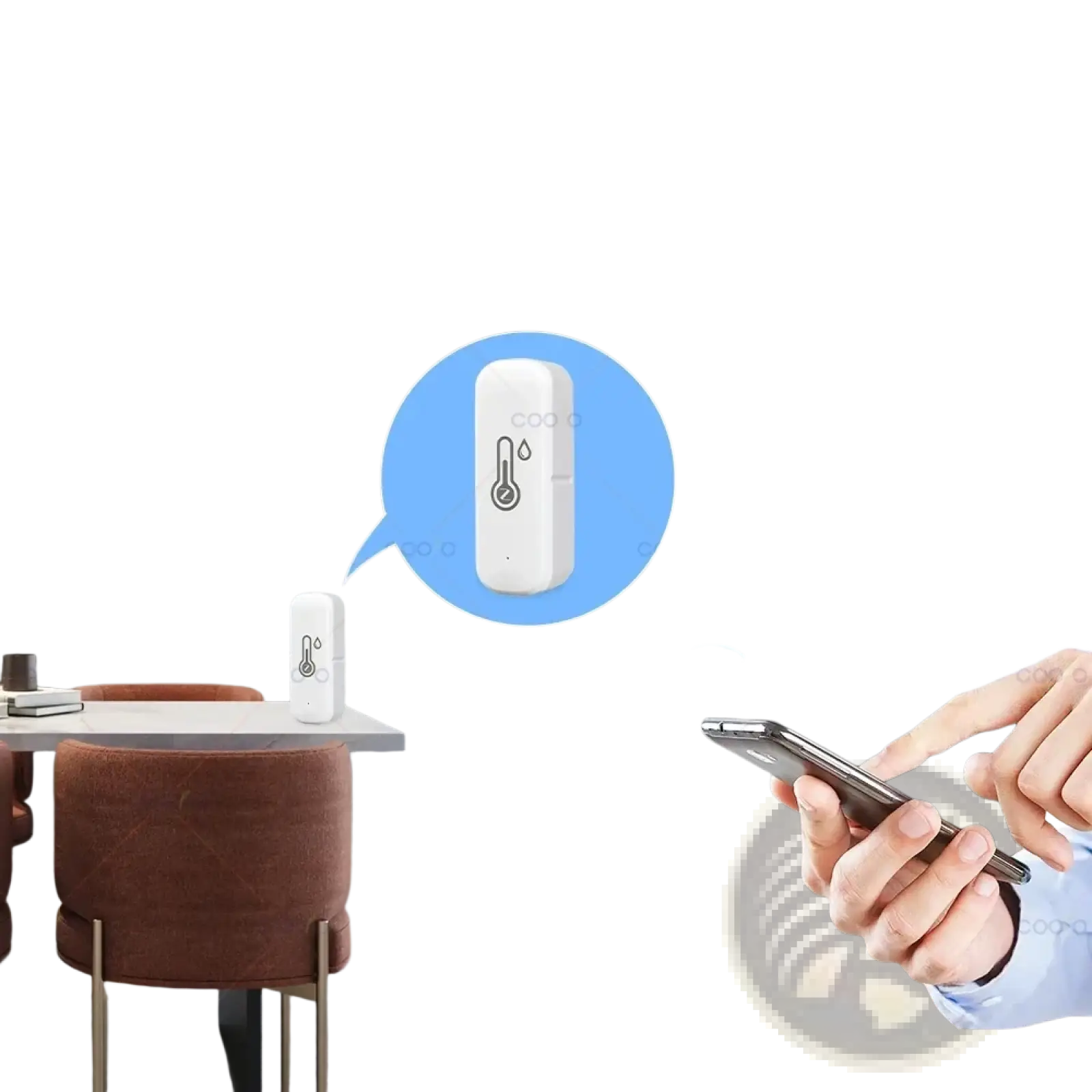White rectangular zigbee smart temperature humidity sensor with minimalist design featuring thermometer icon