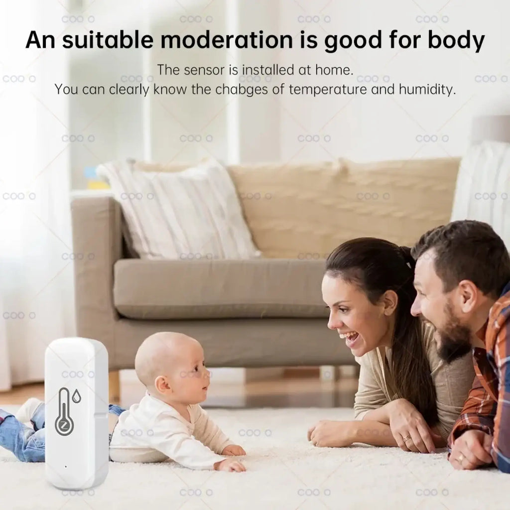 White rectangular zigbee smart temperature humidity sensor with temperature and humidity icons on front panel