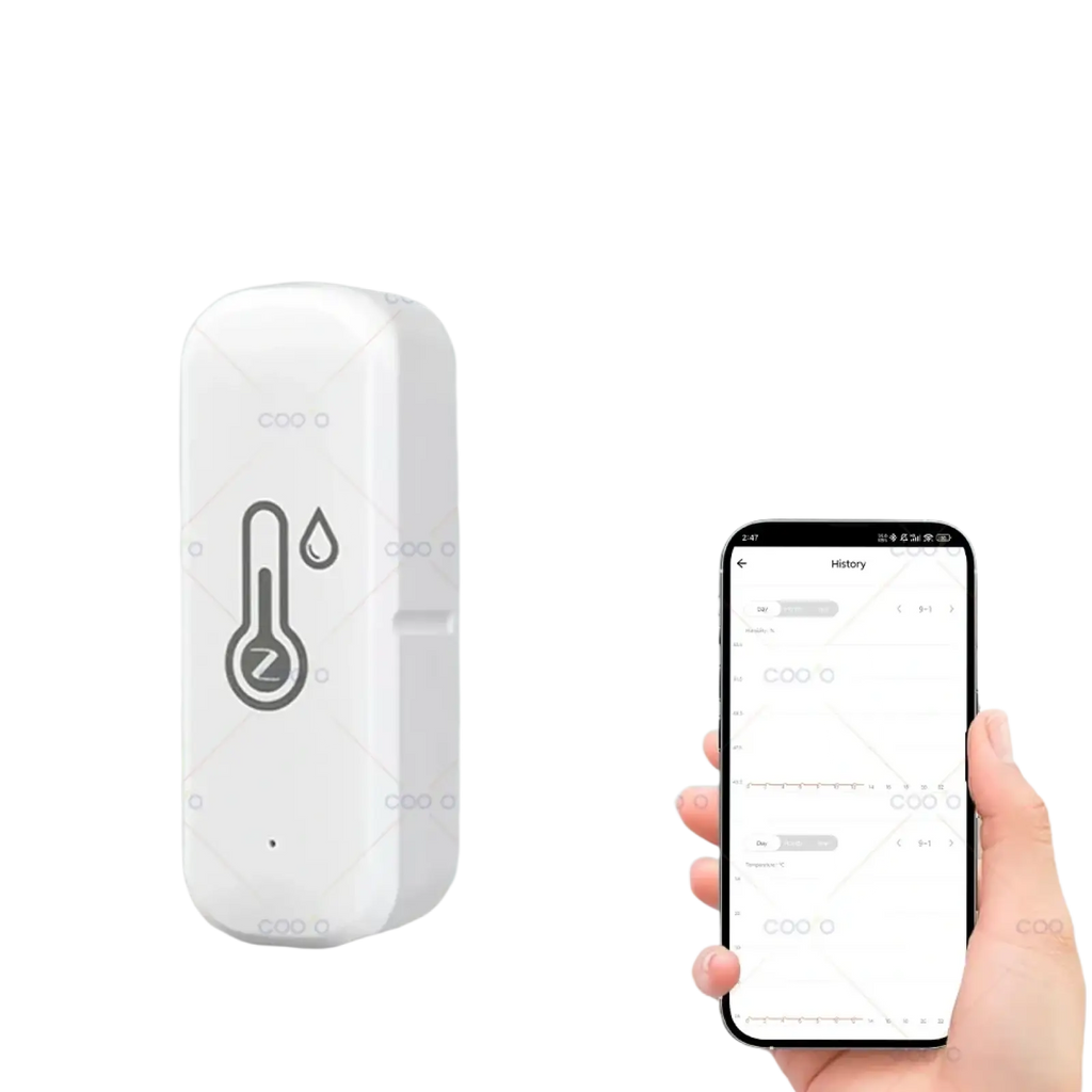 White rectangular zigbee smart temperature humidity sensor with temperature and humidity icons z-wave 3.0 and tuya app compatible