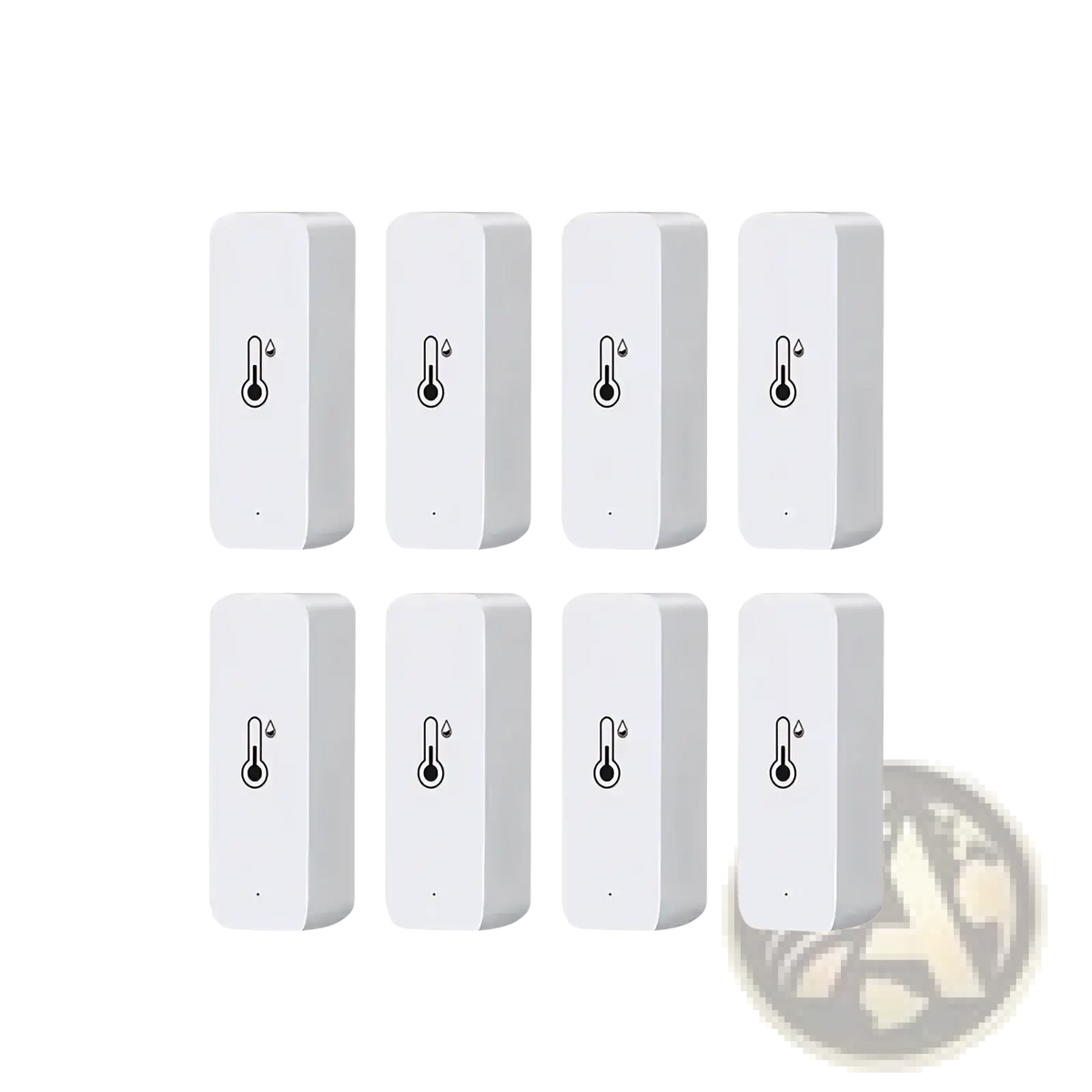 Set of eight white zigbee smart temperature humidity sensors with black thermometer icons for precise monitoring