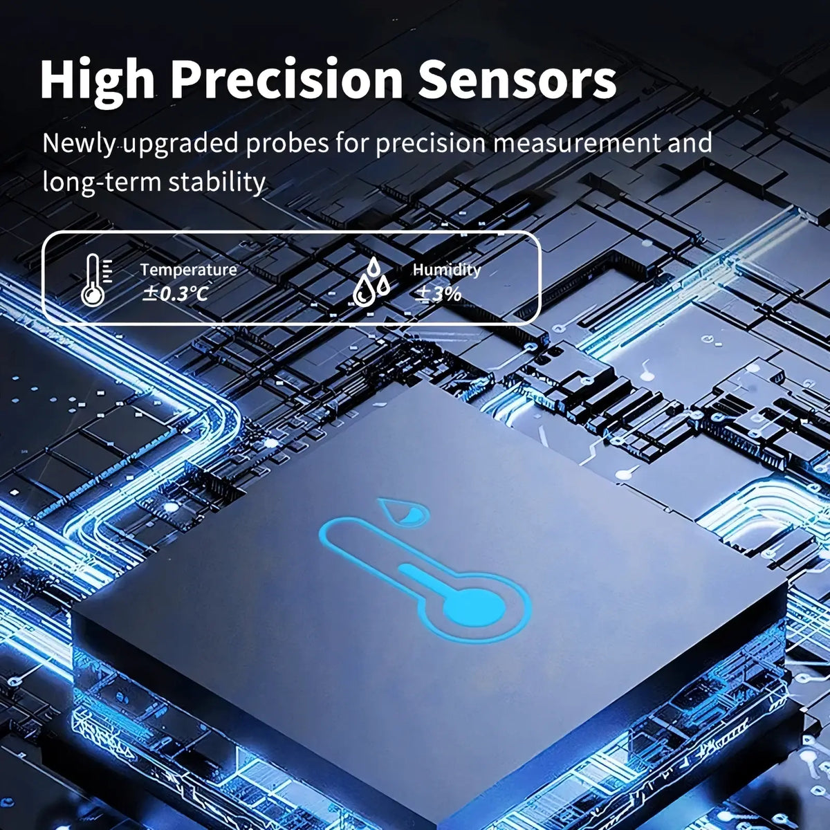 Black rectangular zigbee smart temperature humidity sensor module with blue glowing temperature icon on circuit board background