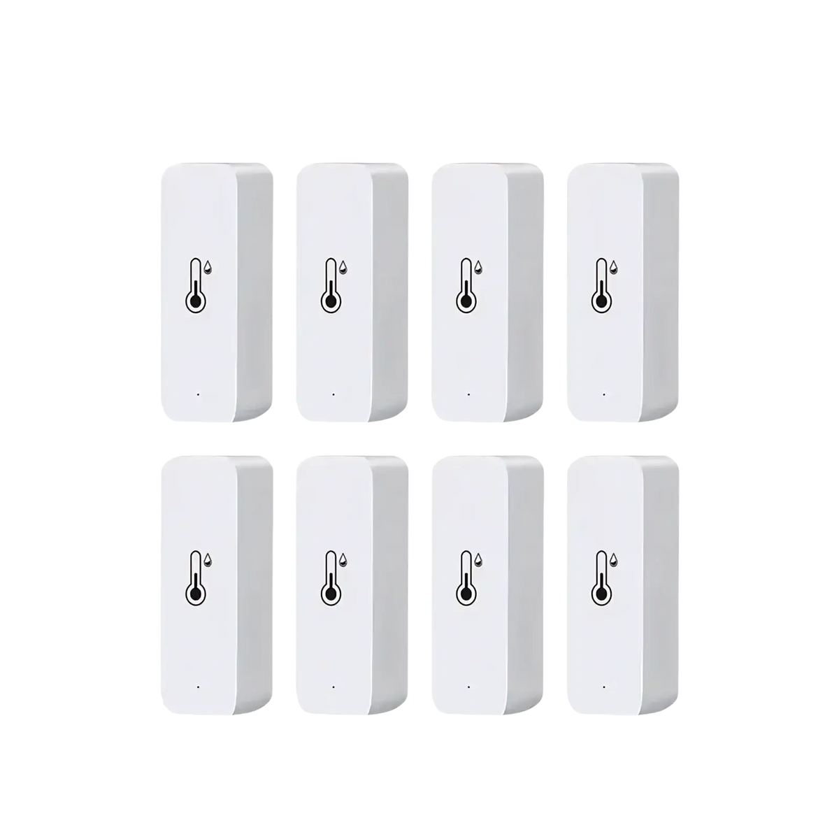 Set of eight white zigbee smart temperature humidity sensors with black thermometer icons for precise monitoring
