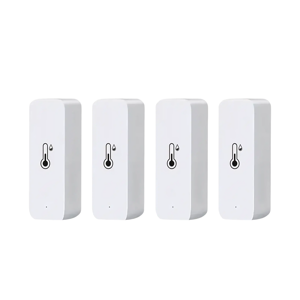 Set of four white Zigbee smart temperature humidity sensors with minimalist black thermometer icons for precise monitoring