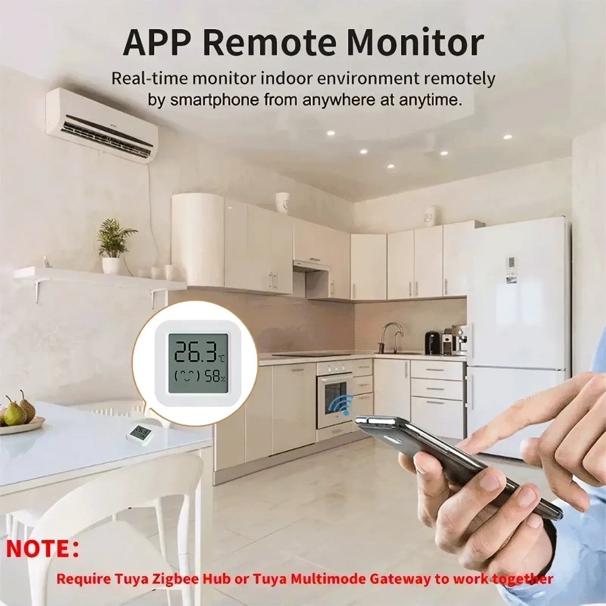 White circular zigbee smart temperature and humidity sensor displaying 26.3°c and 58% humidity for remote monitoring