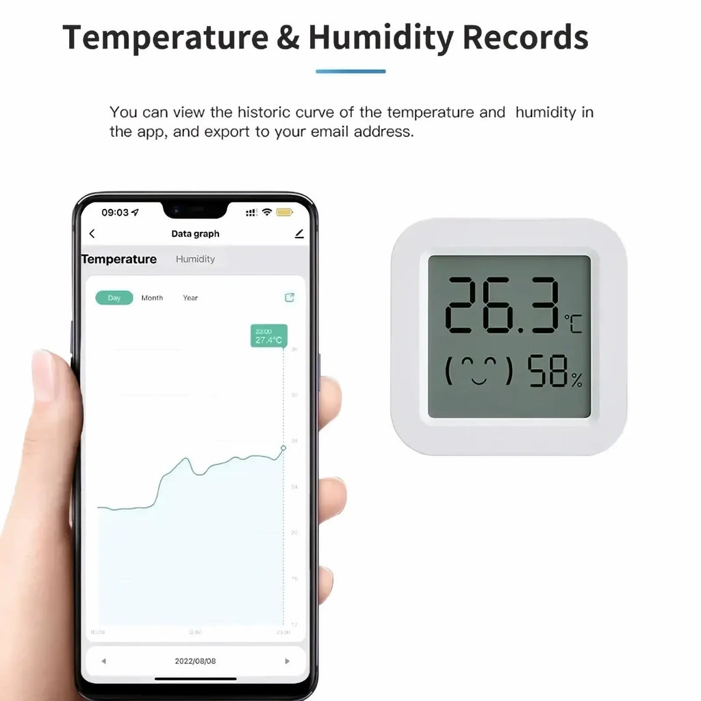 White square zigbee smart temperature and humidity sensor displaying 26.3°c 58% humidity with smiley face emoji