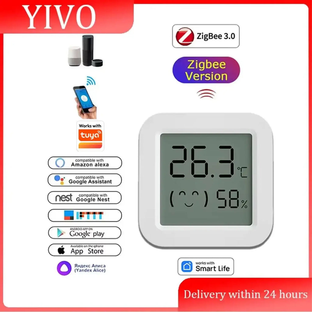 White square-shaped yivo zigbee smart temperature and humidity sensor displaying 26.3°c and 58% humidity with smiley face icon