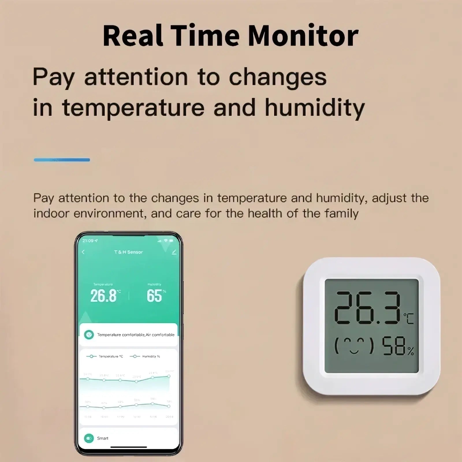 Zigbee smart white digital temperature and humidity sensor with gray display showing 26.3°c and 58% humidity paired with smartphone app