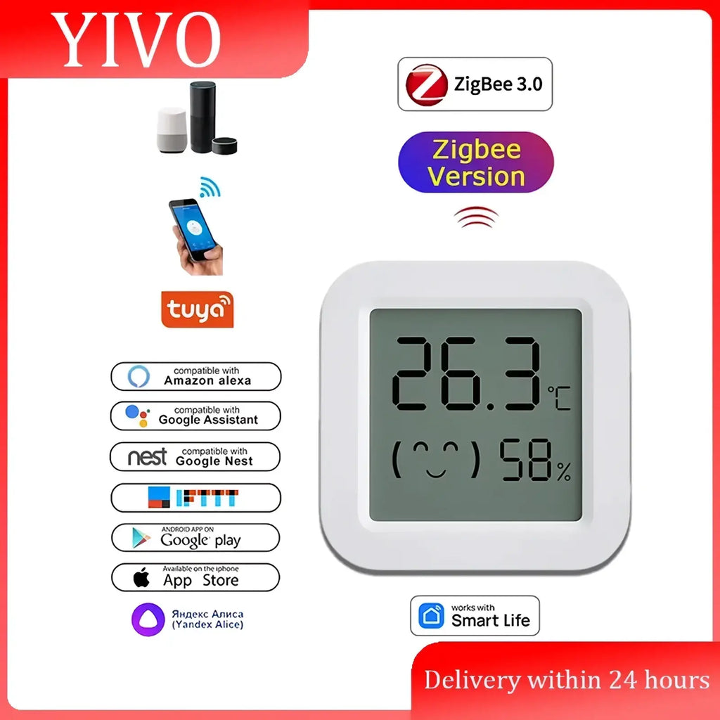 White square-shaped yivo smart thermostat displaying 26.3°c and 58% humidity with zigbee 3.0 connectivity