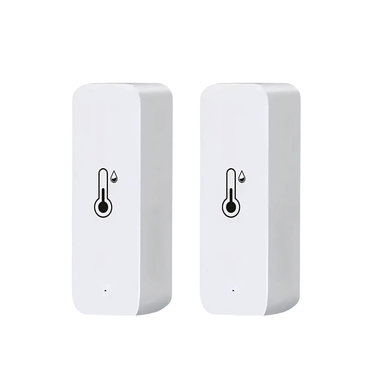 Two white zigbee smart temperature humidity sensors with minimalist design and black thermometer icon