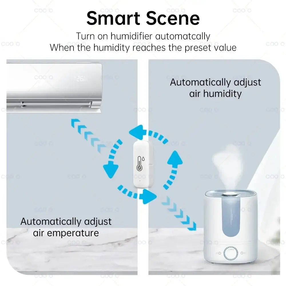 White and light blue Zigbee smart temperature humidity sensor humidifier with automatic humidity and temperature adjustment features