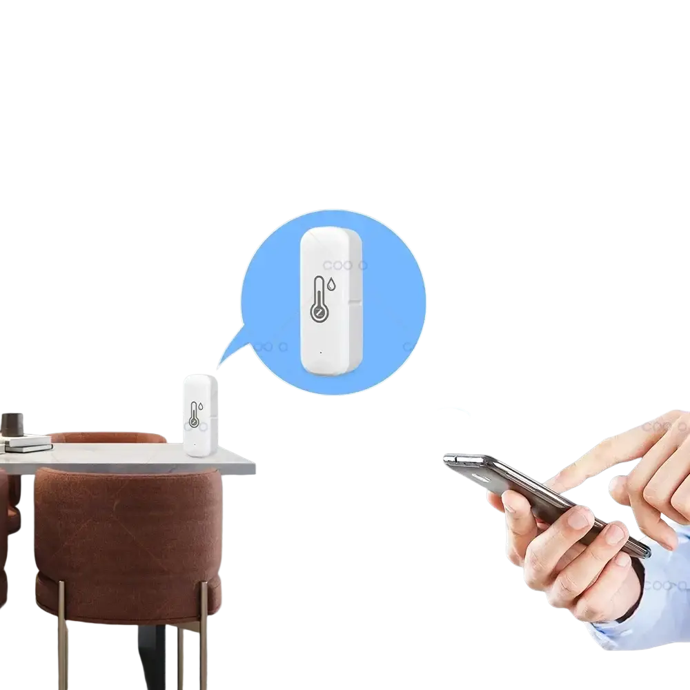 White rectangular zigbee smart temperature humidity sensor with minimalist design featuring thermometer icon