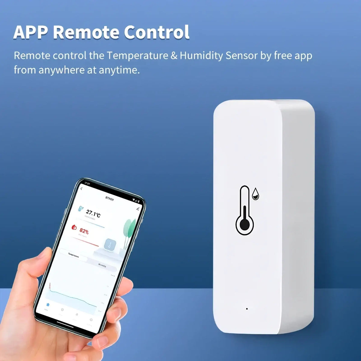 White rectangular zigbee smart temperature humidity sensor with minimalist design and black thermometer icon