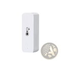 Zigbee smart temperature humidity sensor in white with black thermometer and water droplet icons on front surface