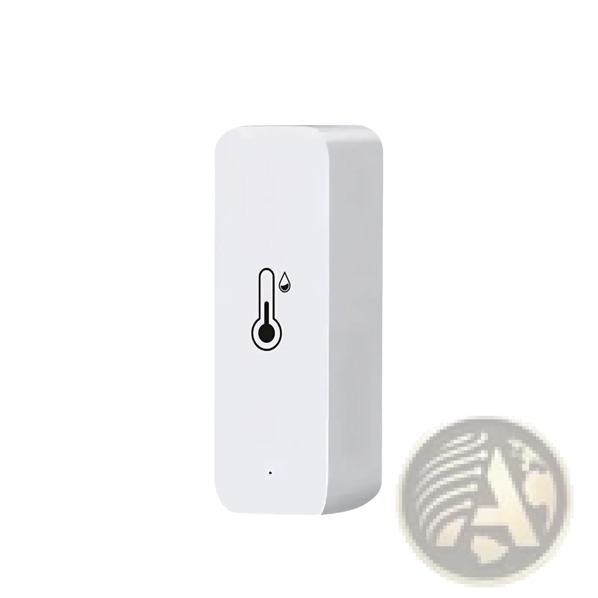 Zigbee smart temperature humidity sensor in white with black thermometer and water droplet icons on front surface