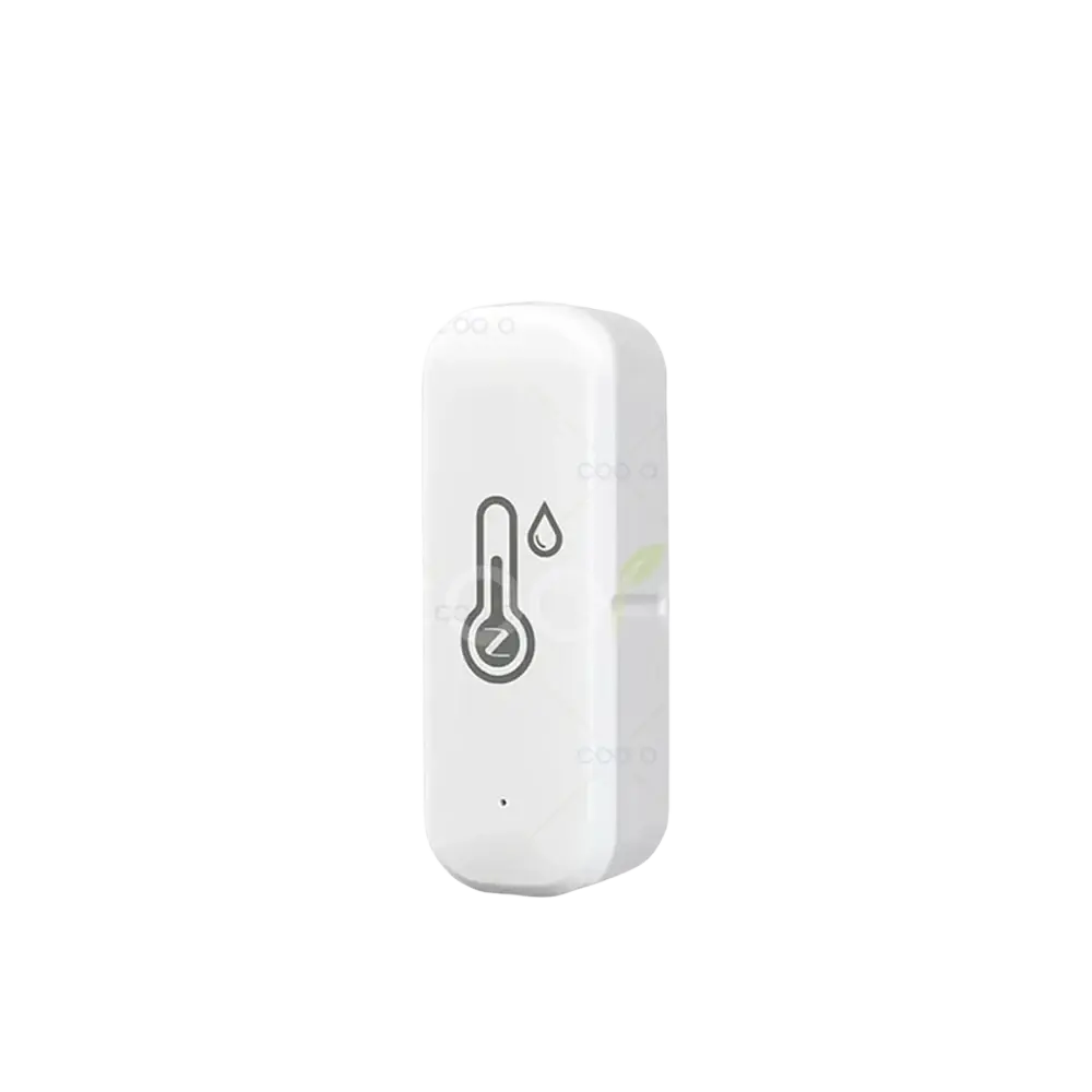 White rectangular Zigbee 3.0 smart temperature humidity sensor with gray thermometer icon and water droplet symbol on front