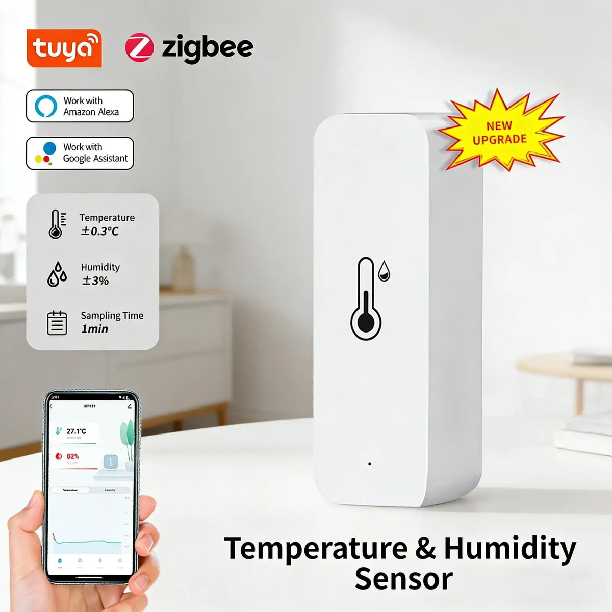 White rectangular tuya zigbee smart temperature humidity sensor with minimalist design and thermometer icon on front