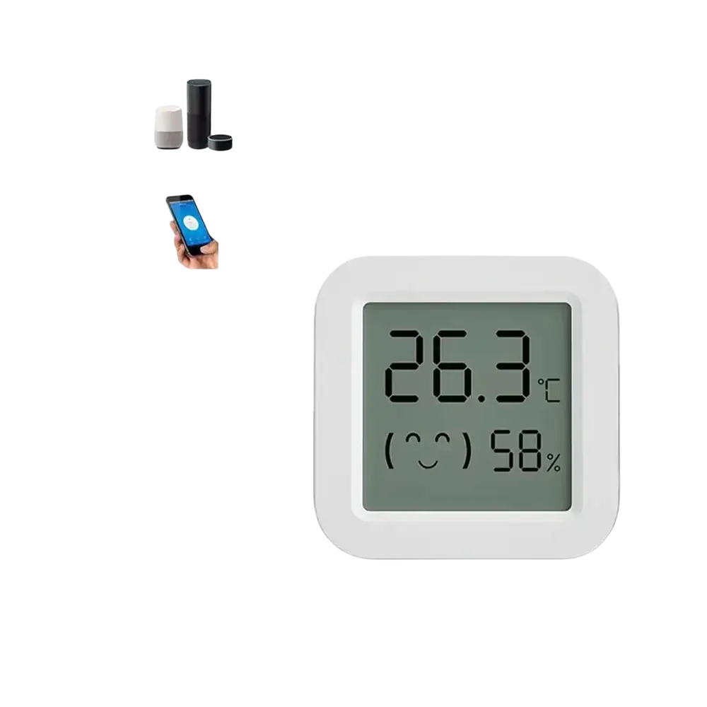 White square-shaped yivo zigbee smart temperature and humidity sensor displaying 26.3°c and 58% humidity with smiley face icon