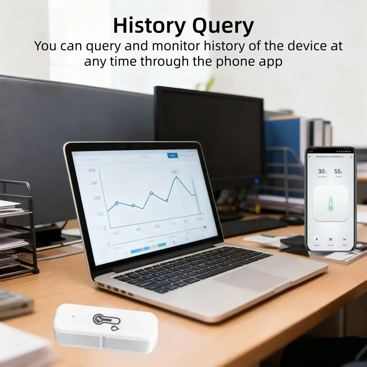 White rectangular zigbee temperature and humidity sensor with minimalist design and black icon for smart home use