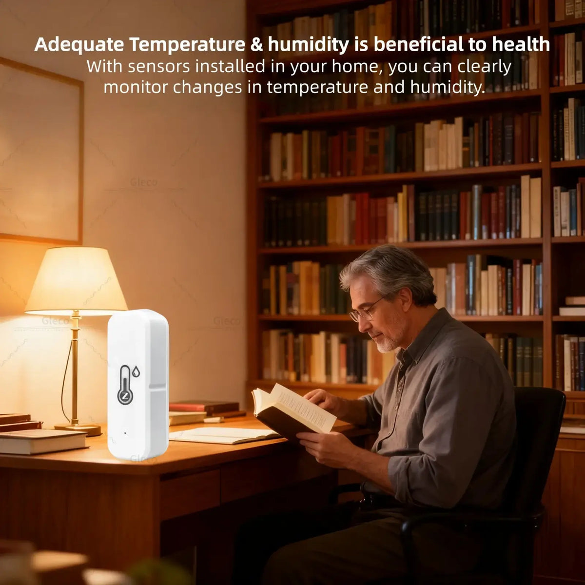 White rectangular zigbee temperature and humidity sensor for smart home with temperature and humidity icon on front