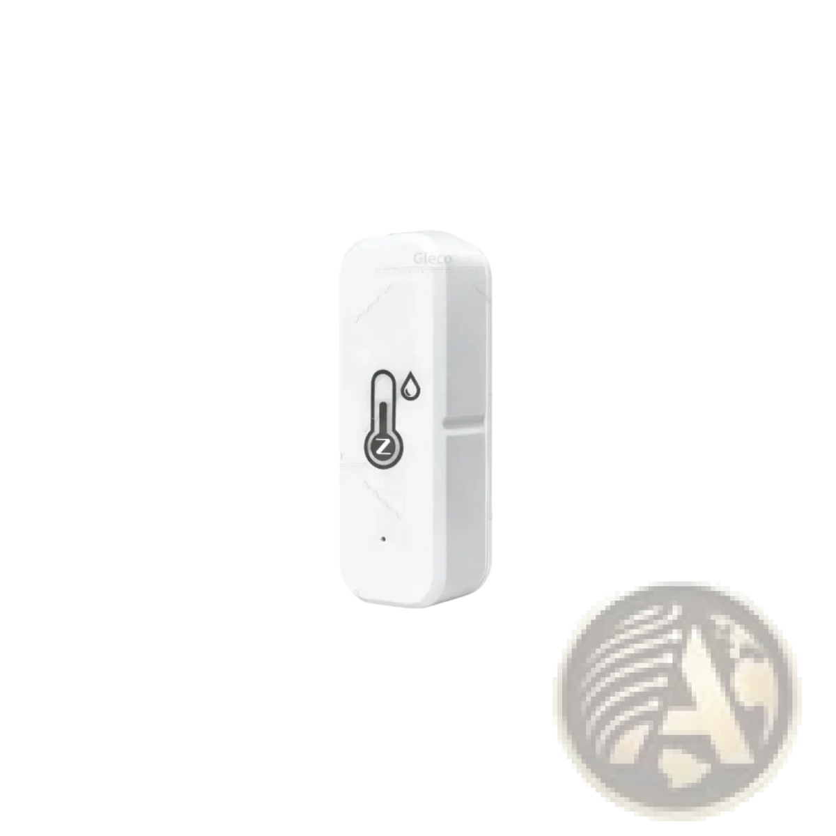 White rectangular zigbee 3.0 temperature and humidity sensor with black temperature gauge and droplet icons front face