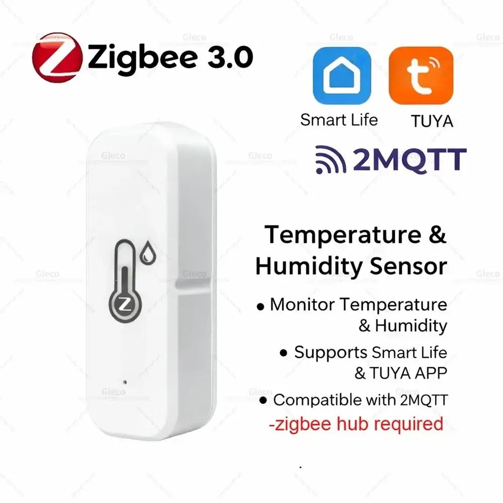 White plastic zigbee temperature and humidity sensor with thermometer and droplet icons for smart home use