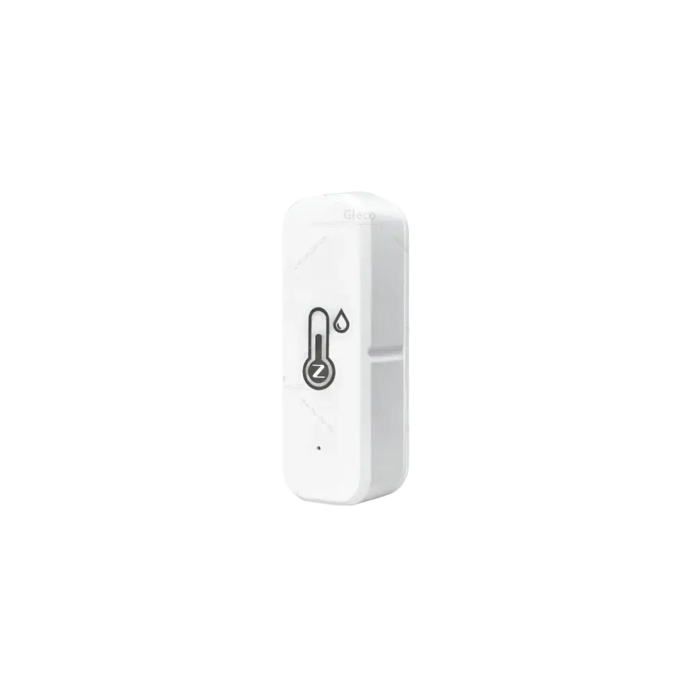 White rectangular zigbee 3.0 temperature and humidity sensor with black temperature gauge and droplet icons front face