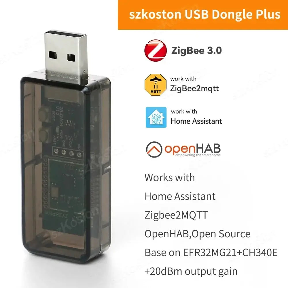 Black translucent plastic zigbee usb dongle plus with visible circuit board and silver metallic connector for home assistant