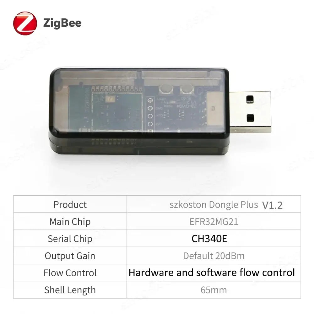 Black and transparent plastic zigbee usb dongle plus v1.2 adapter with visible internal circuitry for home assistant use