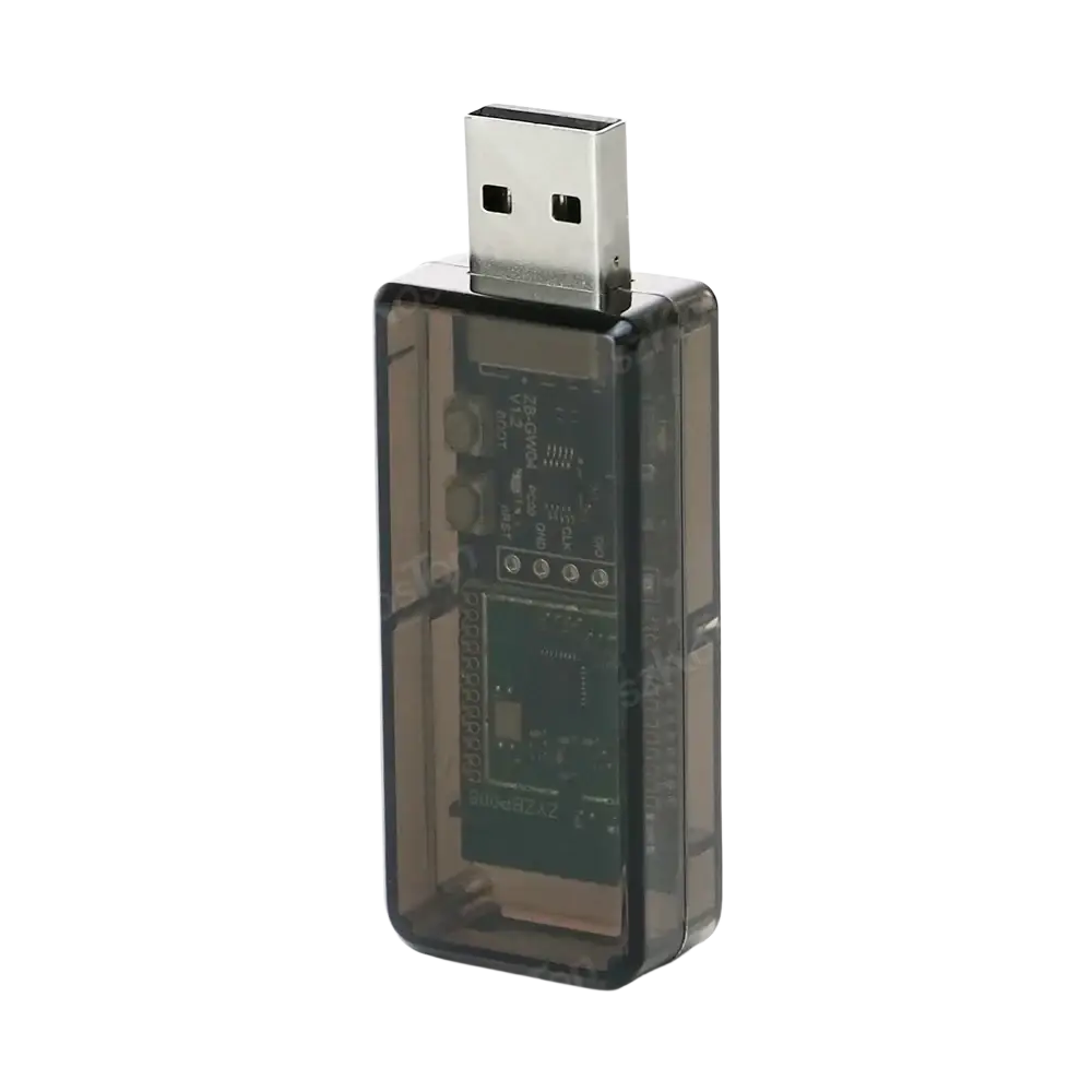 Transparent plastic zigbee usb dongle plus with visible internal circuitry and metallic usb connector for home assistant use