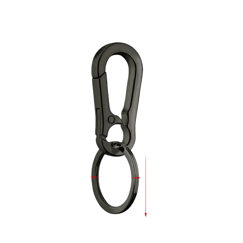 Black zinc alloy car keychain with anti-lost metal carabiner and attached circular ring for secure holding