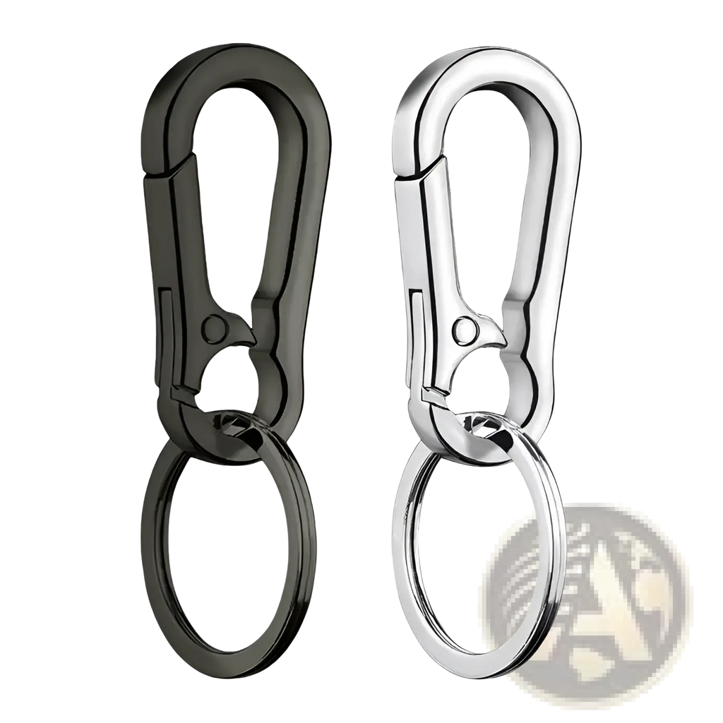 A pair of sleek zinc alloy car keychain carabiner rings in black and silver finishes for anti-lost use