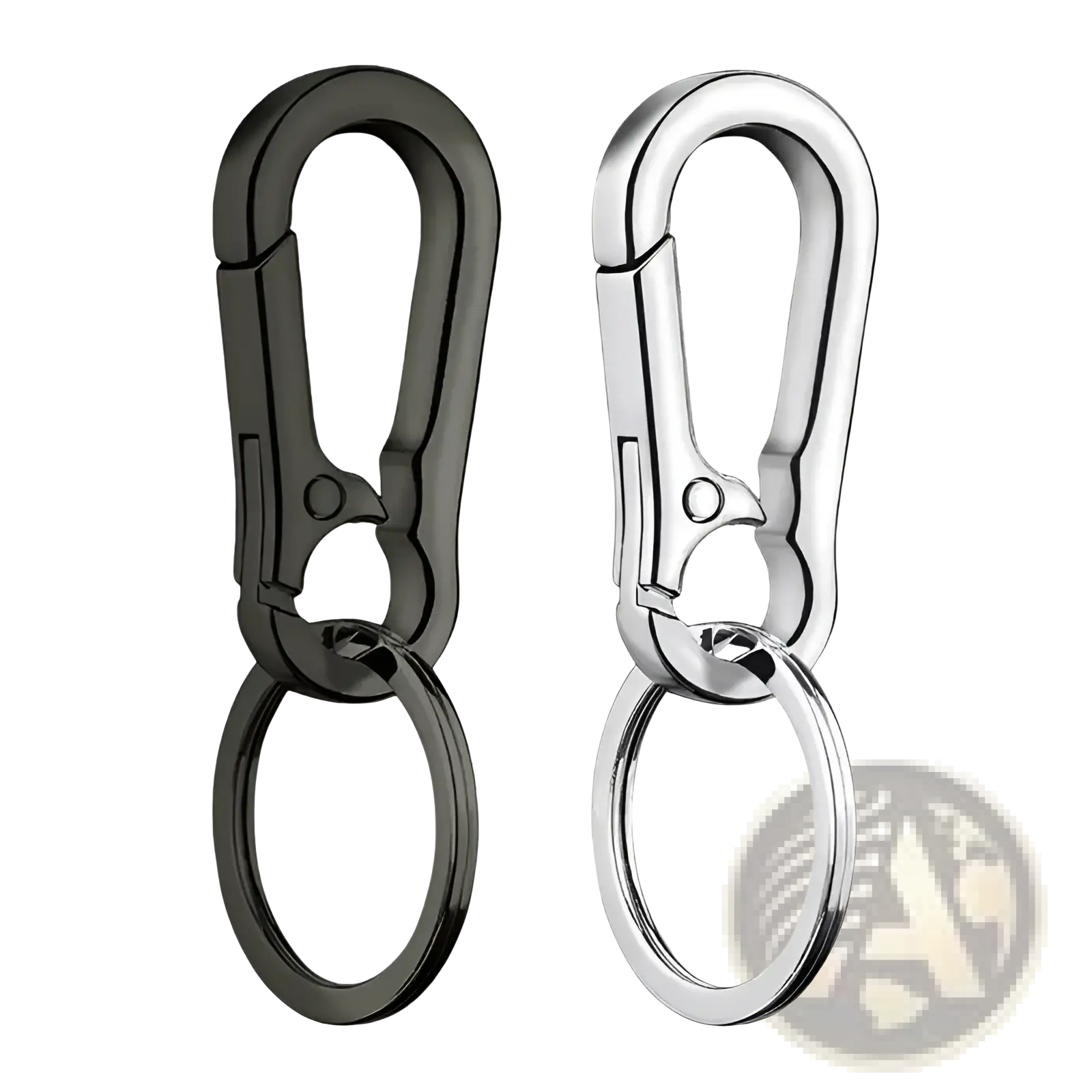 A pair of sleek zinc alloy car keychain carabiner rings in black and silver finishes for anti-lost use