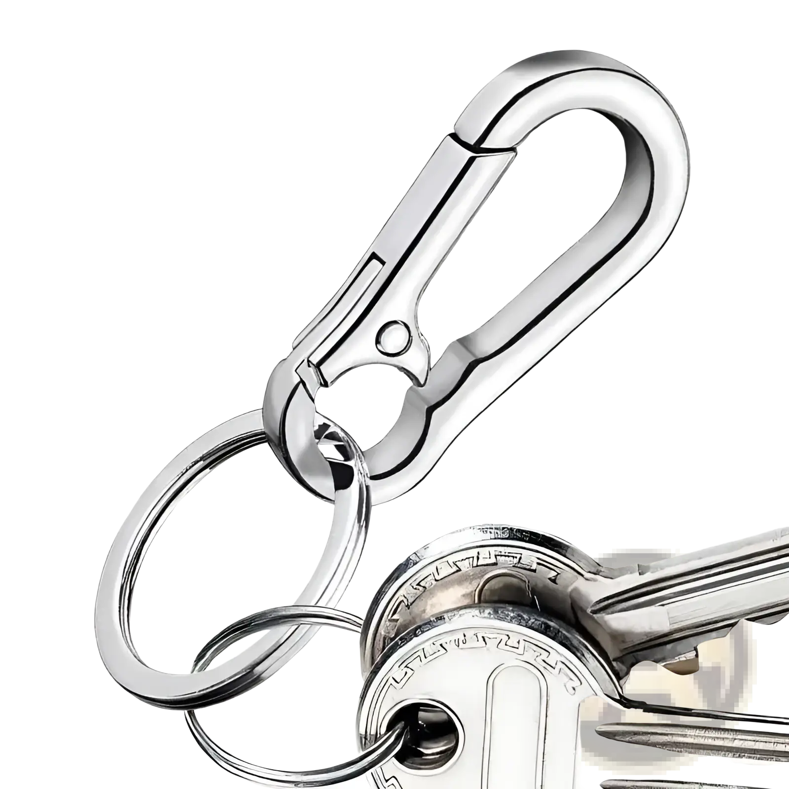 Shiny silver zinc alloy car keychain with polished finish and interlocking carabiner ring for anti-lost use