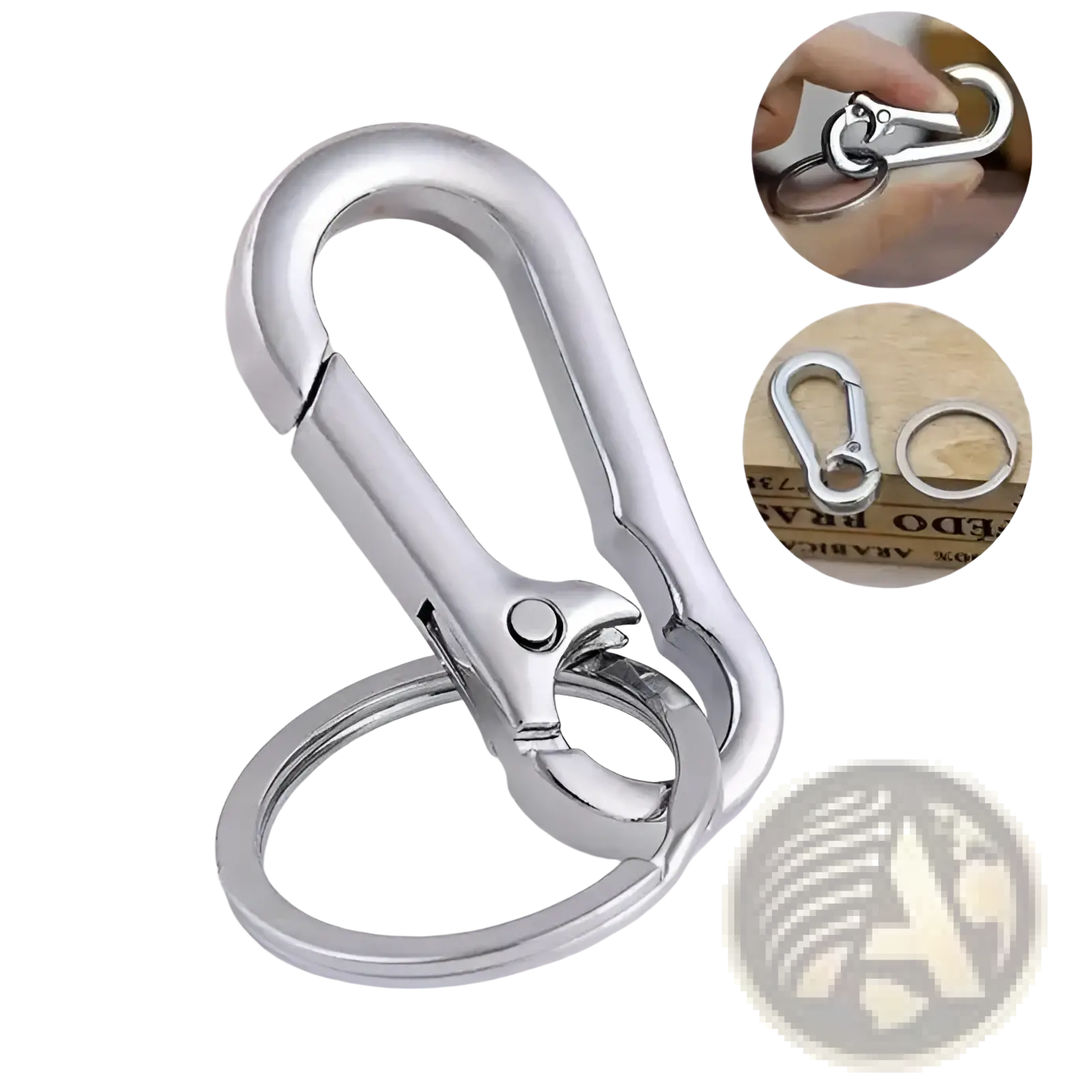 Shiny silver zinc alloy car keychain with anti-lost carabiner ring and spring-loaded gate attached to key ring