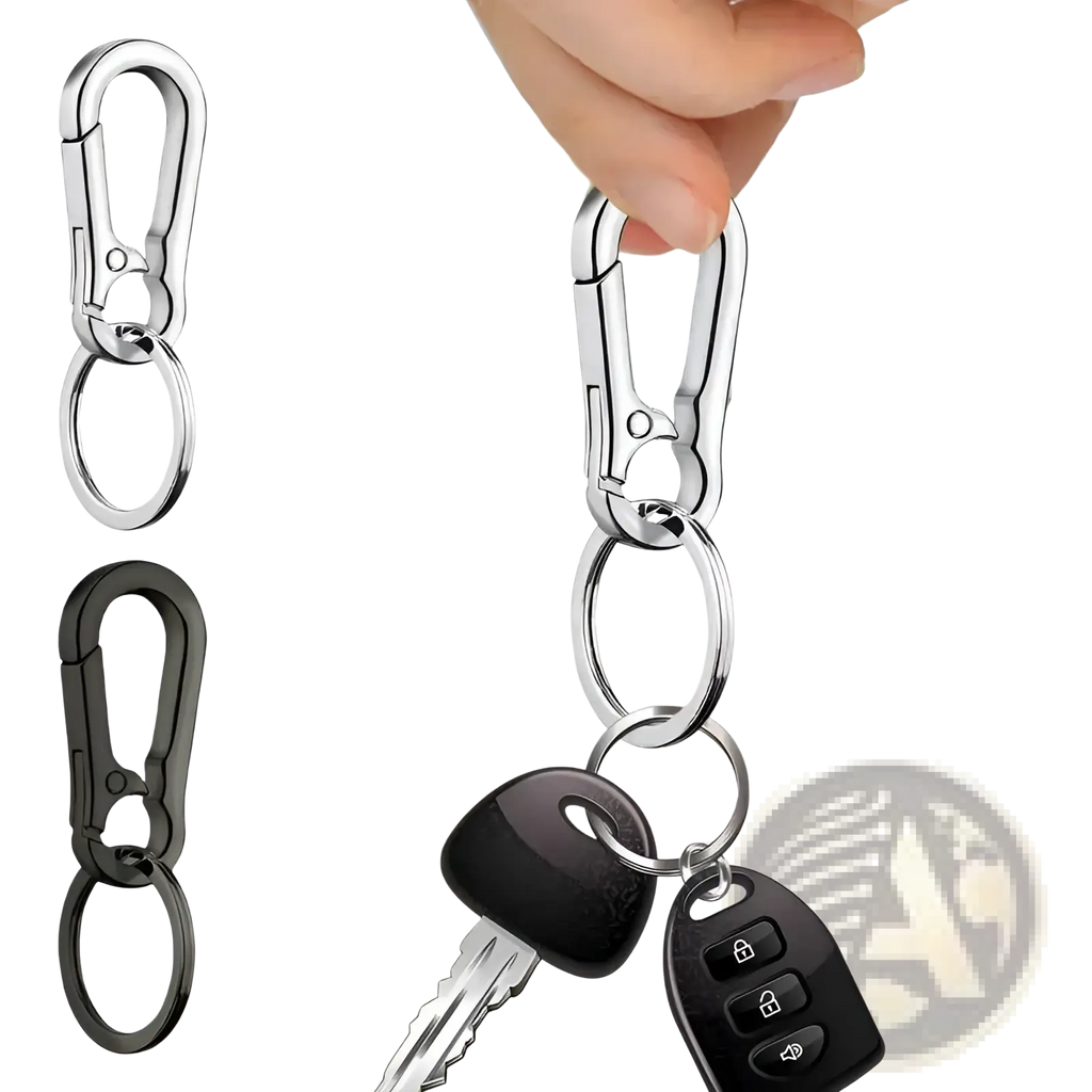Silver and black zinc alloy car keychain with spring-loaded carabiner gate and circular anti-lost ring