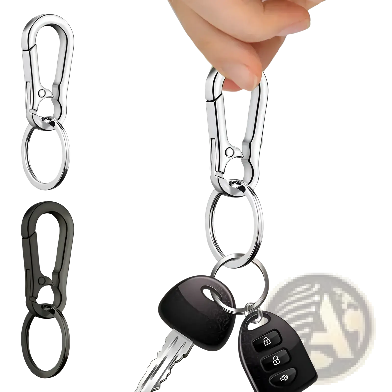 Silver and black zinc alloy car keychain with spring-loaded carabiner gate and circular anti-lost ring