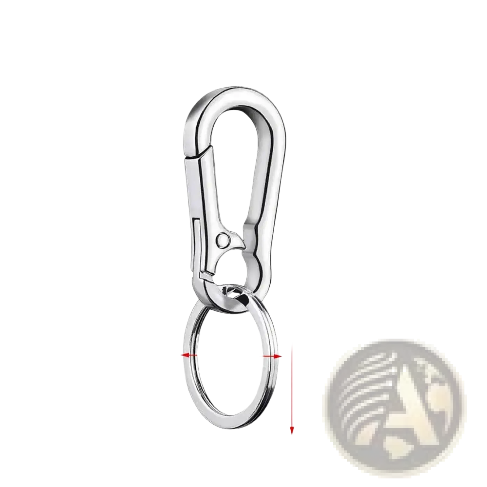Silver-toned zinc alloy car keychain with spring-loaded carabiner gate and attached key ring for anti-lost use