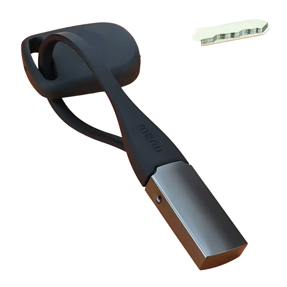Black silicone zinc alloy car keychain with sleek metallic rectangular attachment engraved with menu for men and women