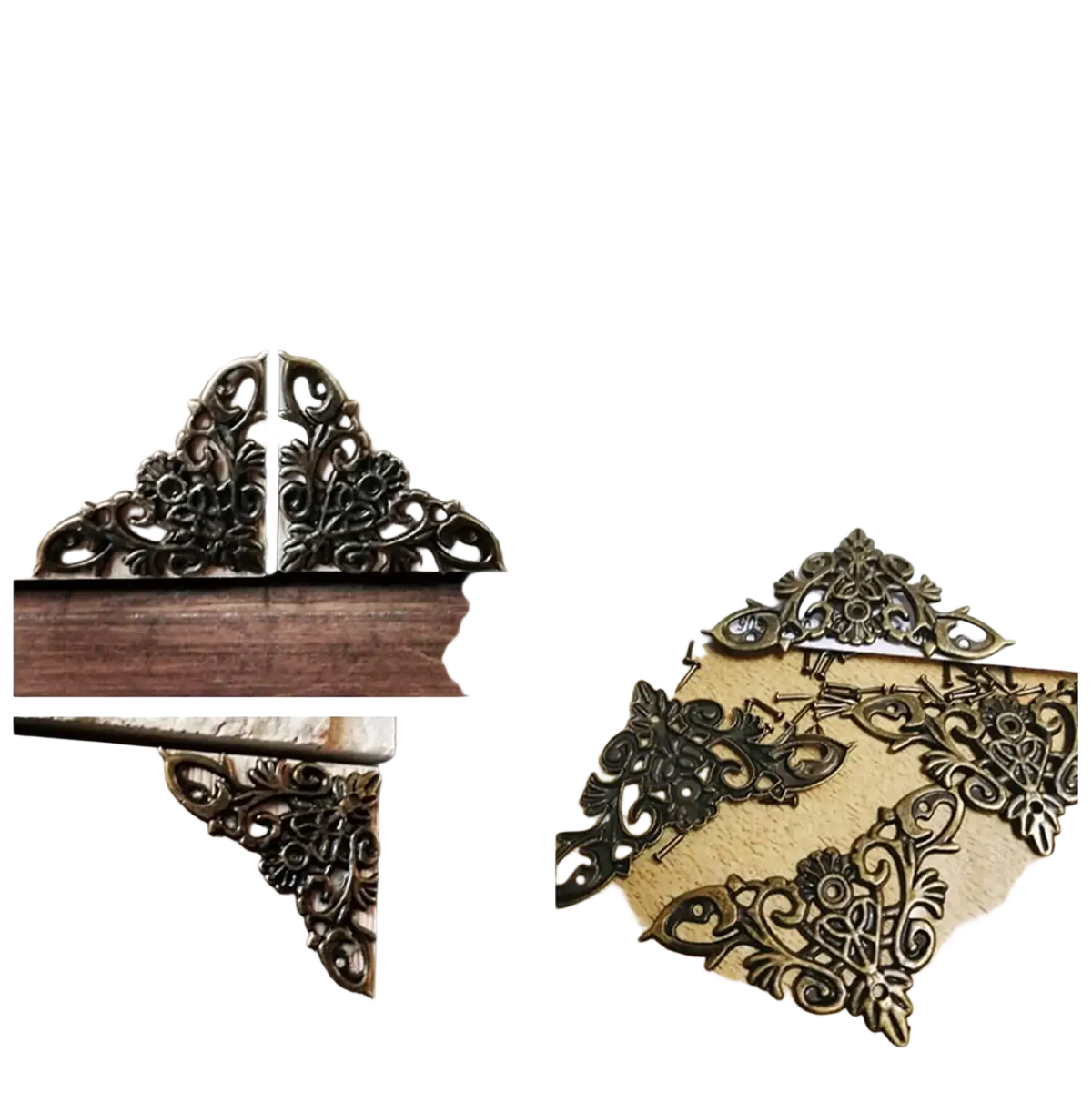 Antique brass zinc alloy corner protector 4-pack with ornate floral and scrollwork design for edge protection