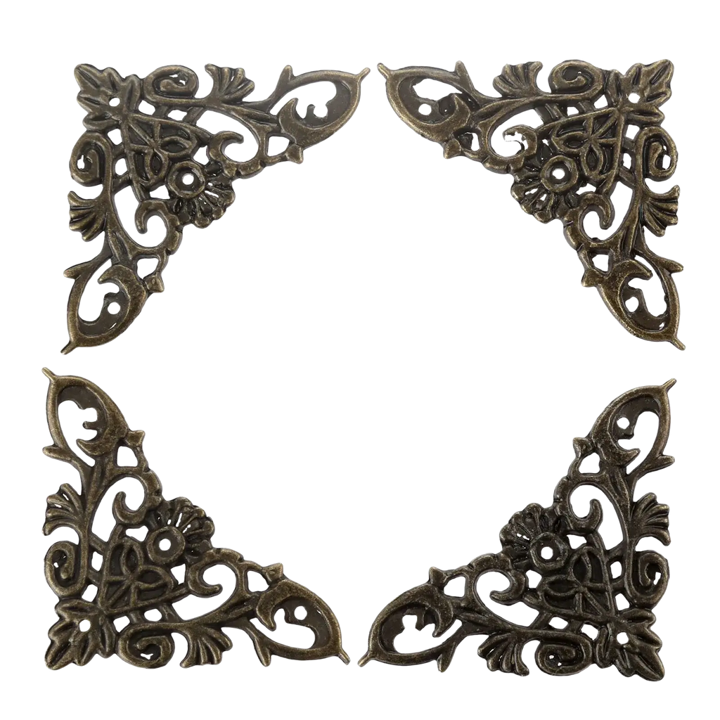 Antique bronze zinc alloy corner protector set with intricate floral and scrollwork design for edge protection