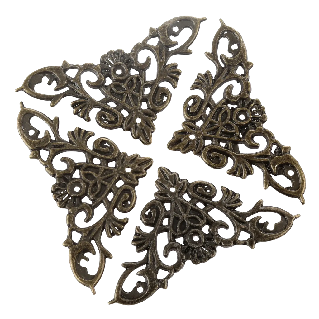 Antique bronze zinc alloy corner protector 4-pack with intricate floral and scrollwork metal corner embellishments