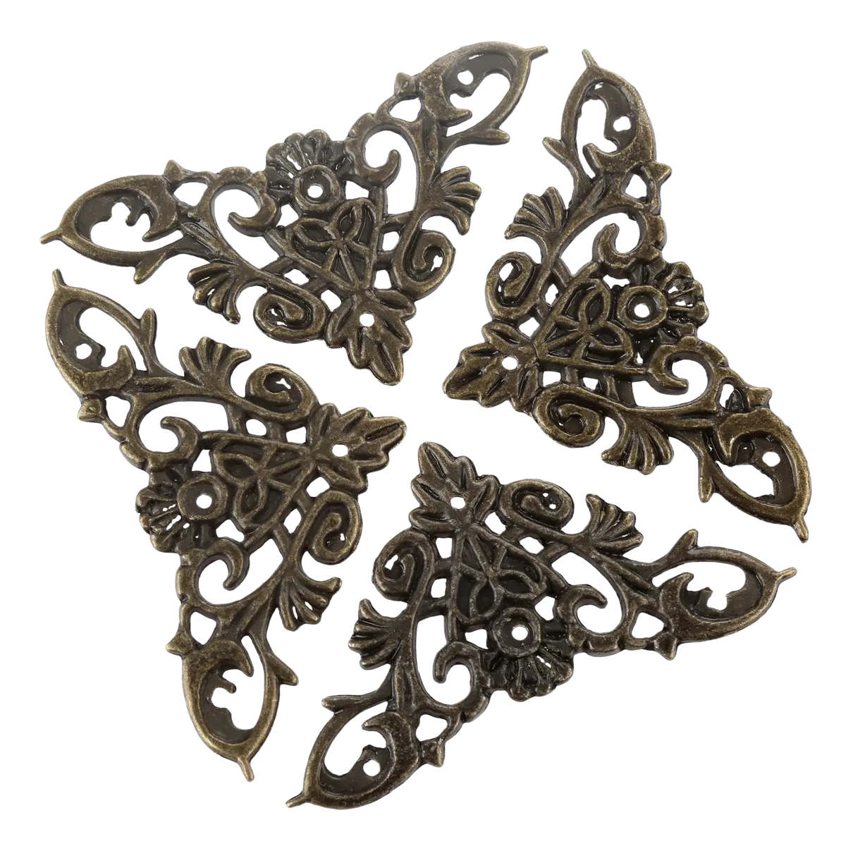 Antique bronze zinc alloy corner protector 4-pack with intricate floral and scrollwork metal corner embellishments
