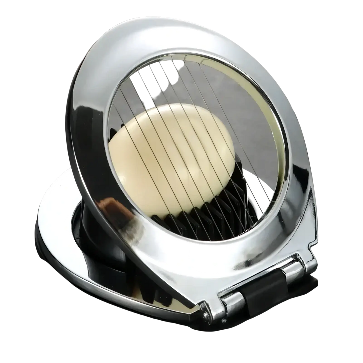 Shiny chrome zinc alloy egg slicer with circular frame and fine wire blades slicing a peeled hard-boiled egg