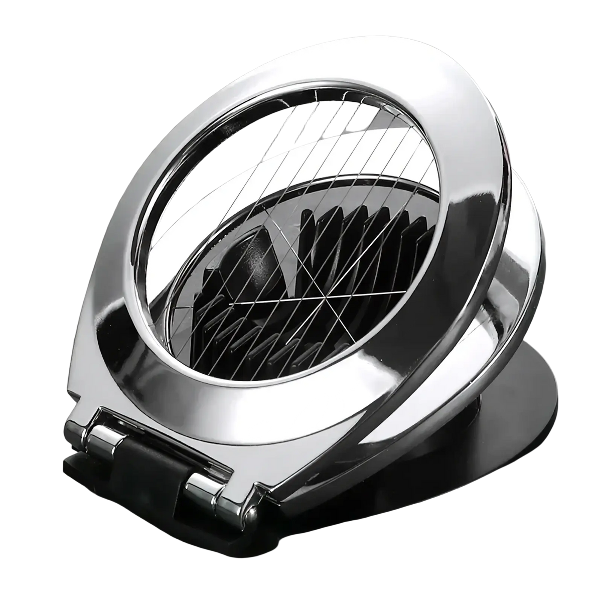 Shiny chrome zinc alloy egg slicer and fruit cutter with a circular design and fine wire grid for precise slicing